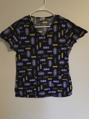Black Batman Logo Scrub Top - Purple & Yellow Print